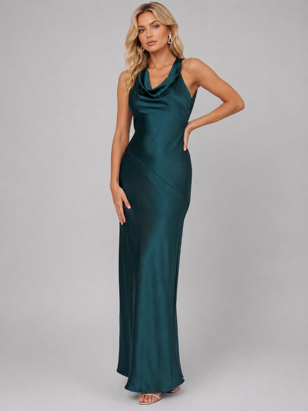 Women's Satin Backless Maxi Dress Cowl Neck Sleeveless Formal Evening Gown